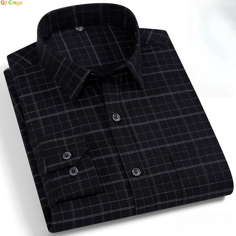 Men's Black Long-sleeve Plaid Shirt for Spring and Fall; Wrinkle-resistant, Quick-drying, Casual Stretch Shirt. White,Gray,Blue.