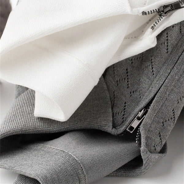 Men's Quarter Zip Polo Shirt Short Sleeve Knitted Ice Silk T-Shirt Slim Fit Casual Business Gentleman Top with Hollow Design