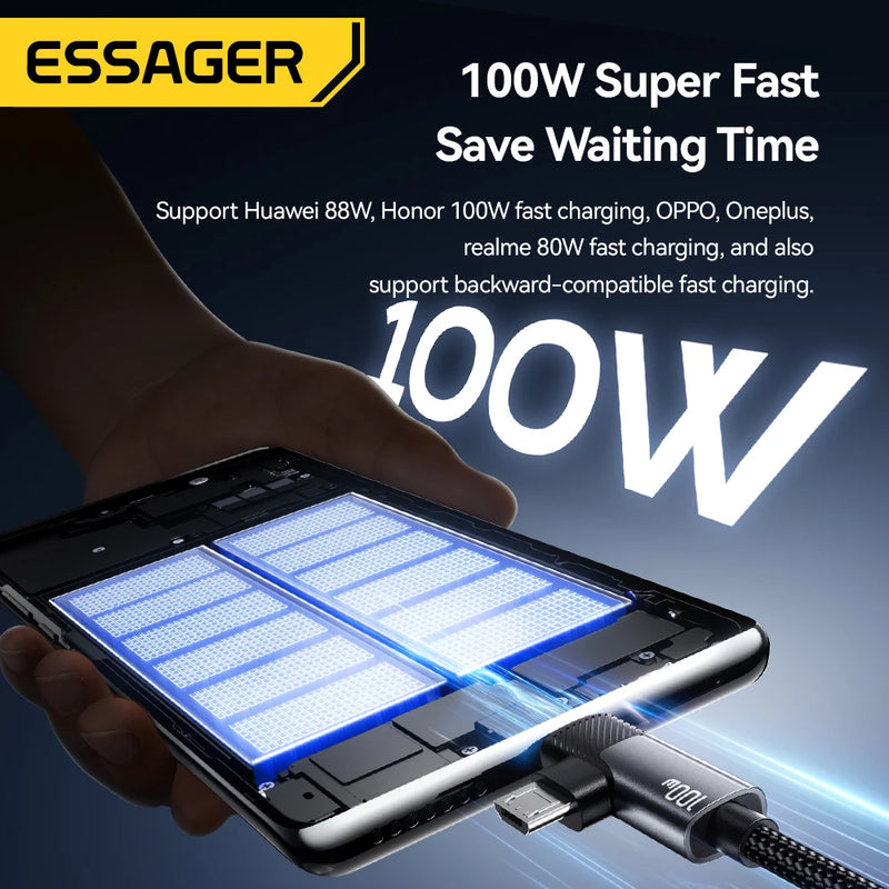 ខ្សែសាកលឿន ESSAGER 2-in-1 100W Type-C/Micro/Lighting 7A ខ្សែសាកទិន្នន័យពហុមុខងារសម្រាប់ iPhone 16 15 Pro Samsung Laptop