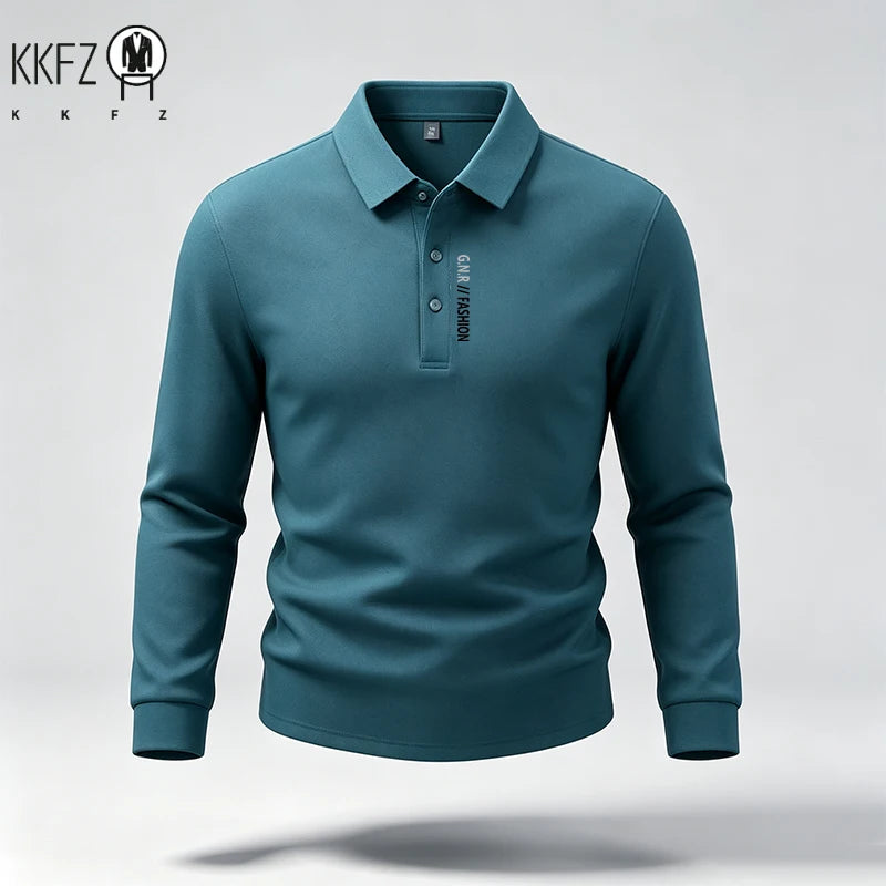 Male Trendy Lapel Collar Polo Top Long Sleeve Button Placket Letter Print For Short Trip Social Meetup And Street Fashion Wear
