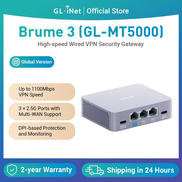 GL-iNET (Brume 3) GL-MT5000 ច្រកទ្វារសុវត្ថិភាព VPN មានខ្សែល្បឿនលឿន, VPN រហូតដល់ 1100 Mbps, 3× 2.5G Multi-WAN, សុវត្ថិភាព DPI, គ្មាន Wi-Fi