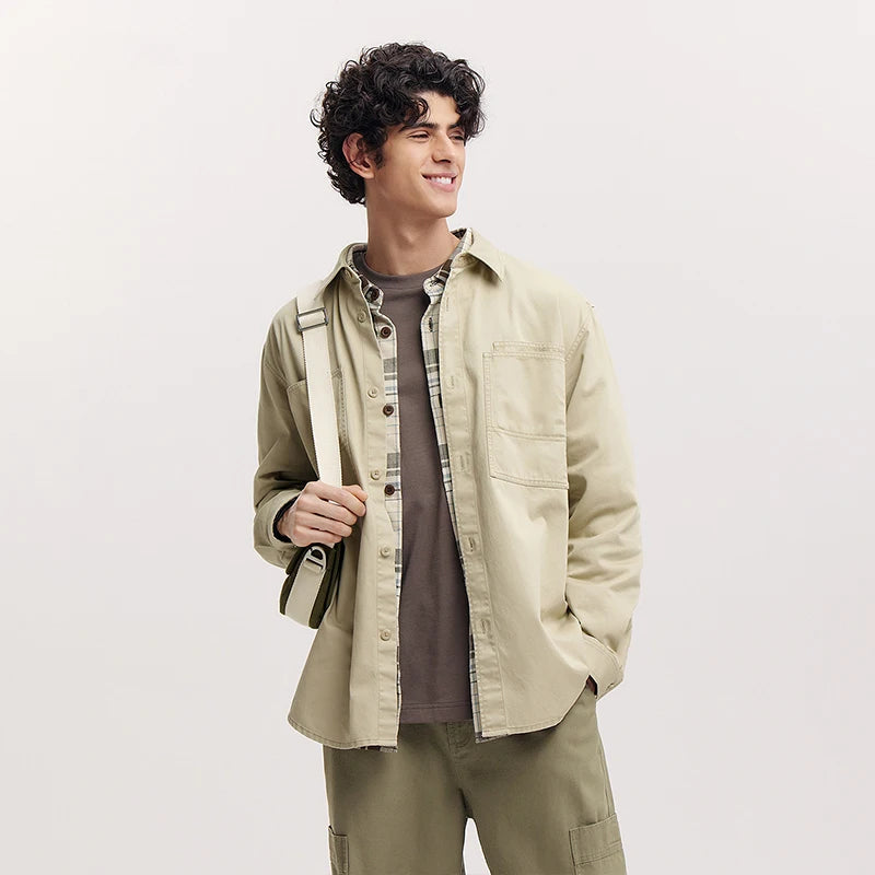 Semir Cargo Shirt Men Long Sleeve Cotton Twill Loose Lapel Fleece Casual Commute Daily Wear Spring Fashion Comfort Top