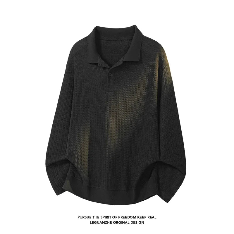 Mens Long Sleeve Lapel Collar Polo Shirt Waffle Knit Soft Fabric Loose Curved Hem Casual Top For Autumn