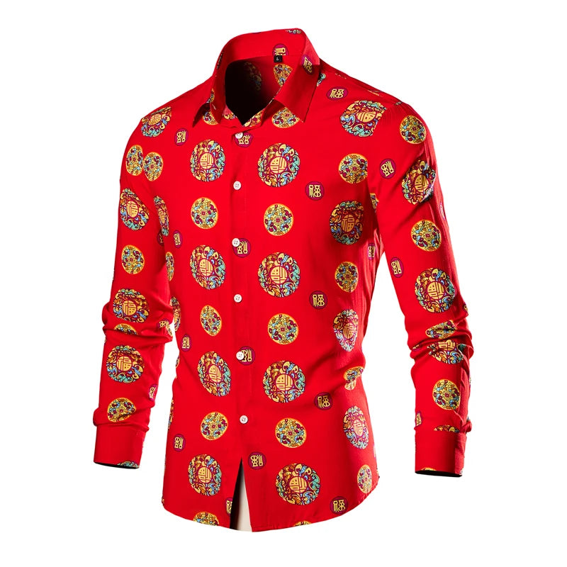2026 Men's Red Printed Long Sleeve Shirts, Single-Breasted Square Collar Shirt, Chinese Nostalgia Style Tops Camisa Male Chemise