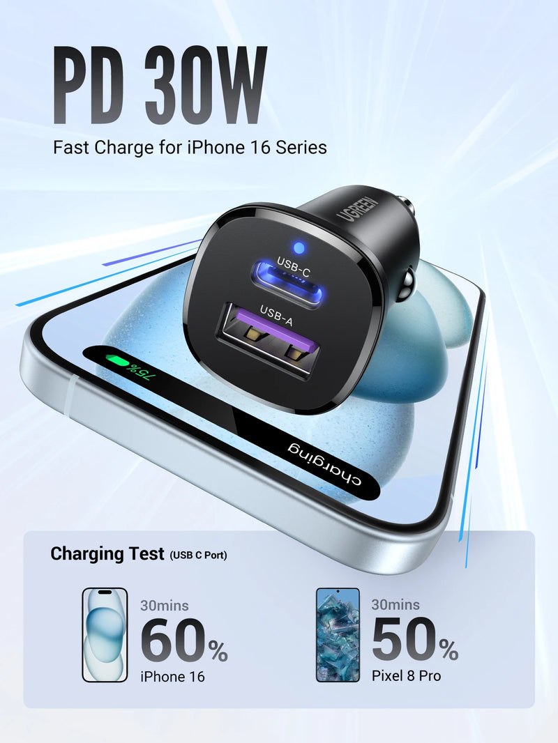UGREEN 30W USB C Car Charger PD3.0 5A For iPhone 17 Samsung Galaxy S25 Xiaomi Fast Charging Quick Charge 4.0 USB C Car Charger