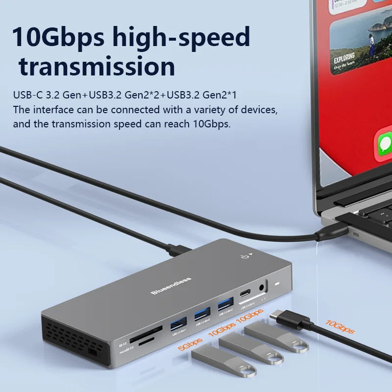 ស្ថានីយ៍ចត USB C របស់ Blueendless 4K HDTV អានកាត 13 ក្នុង 1 អាដាប់ទ័រប្រភេទ c PD 100W ឧបករណ៍បំបែកឆ្នាំងសាក Rj45 DP 1.4 USB3.0 មជ្ឈមណ្ឌលច្រើន