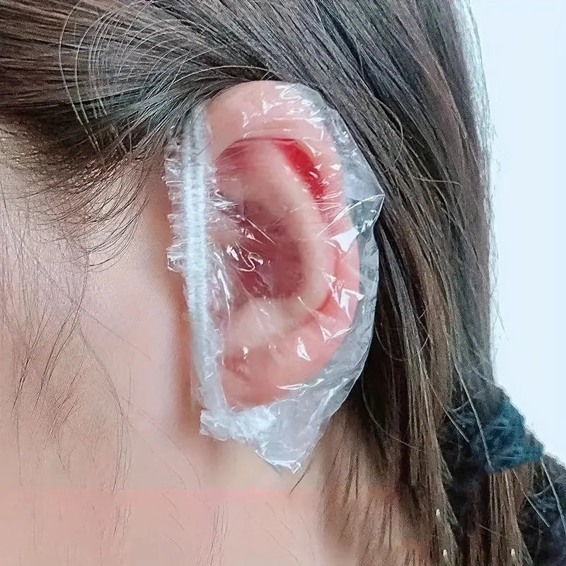 50PCS Disposable Clear Plastic Ear Covers for Hair Dyeing, Shower Protection Hygienic Single-Use Ear Guards for Barbers earmuffs