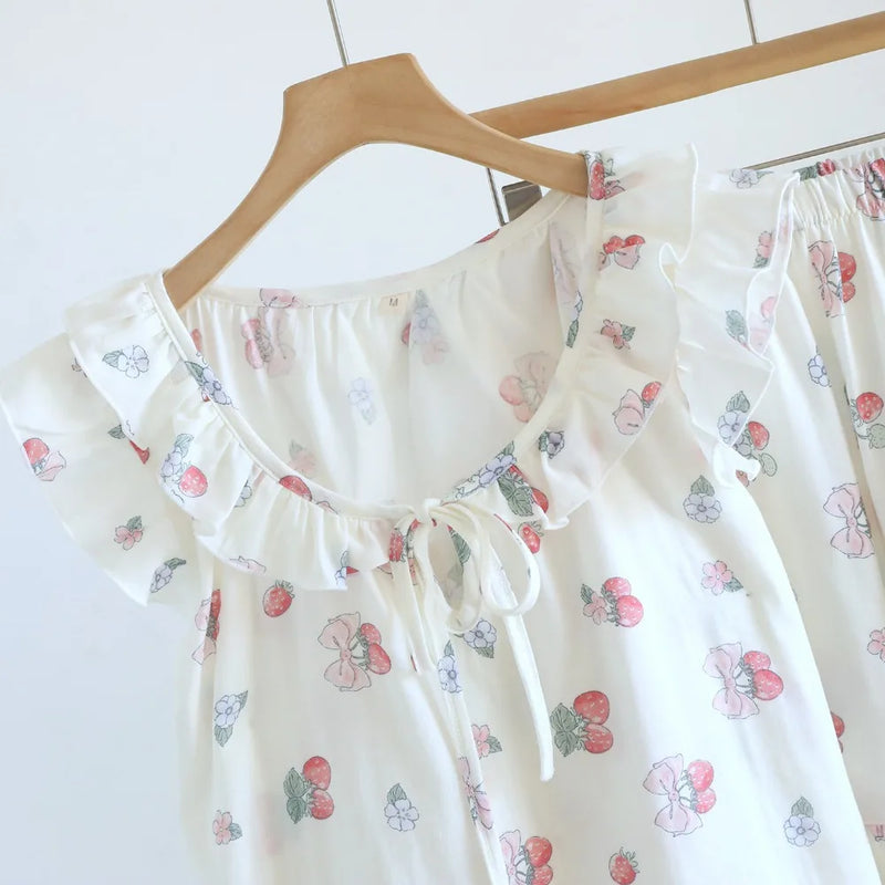 Floral Women's Pajamas With Shorts Summer Wear 2-Piece Set Sleepwear Women Nightwear Pyjama Femme 100% Cotton Home Clothing