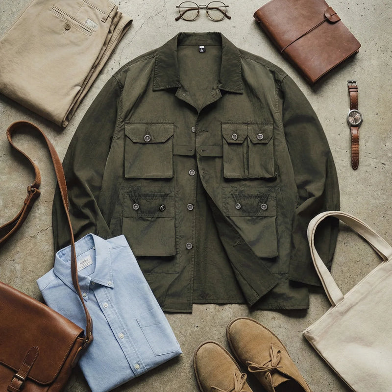 អាវ Maden Retro Safari ទម្ងន់ស្រាល មានហោប៉ៅច្រើន ពណ៌បៃតងចាស់ ដៃវែង អាវធំមួយដើមទ្រូង សម្រាប់ពាក់ក្រៅផ្ទះ ធម្មតាសម្រាប់រដូវផ្ការីក