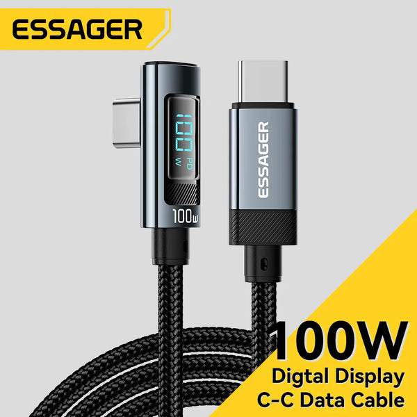 ខ្សែសាក Essager PD100W USB Type C ទៅ USB C 5A ខ្សែសាកលឿន 90° LED ឌីជីថល សម្រាប់ Huawei Xiaomi Samsung MacBook