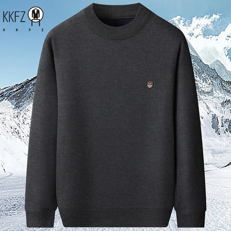 Thick Thermal Mock Neck Men Pullover Simple Solid Knit Material Chest Badge Skin Friendly Fleece Interior Outing Top
