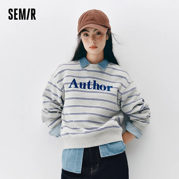 អាវយឺត Semir សម្រាប់នារី មានស្រទាប់ក្រណាត់រោមចៀម លំនាំឆ្នូតអក្សរ ក្រាហ្វិក រចនាប័ទ្មទីក្រុង ធម្មតា រដូវរងា ឆ្នាំ២០២៦ ស្លៀកប្រចាំថ្ងៃ ទន់ ស្រួលខ្លួន