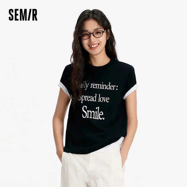 អាវយឺតស្ត្រី Semir ឆ្នាំ ២០២៦ បោះពុម្ពអក្សរ កប្បាសសុទ្ធ ស្មាធម្មតា កមូល ទាន់សម័យ ទន់ ពាក់ប្រចាំថ្ងៃ