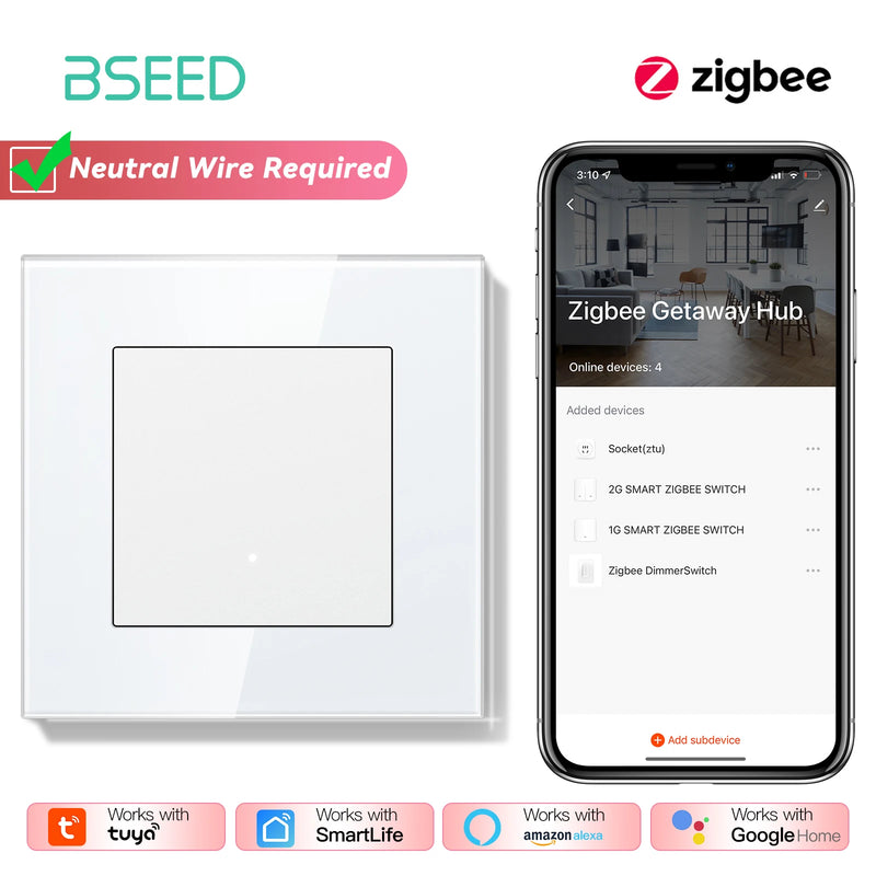 BSEED Zigbee Light Switch 1/2/3Gang 2Way Smart Click Button Switch Glass Panel White LED Indicator Tuya Smart Life Alexa Control