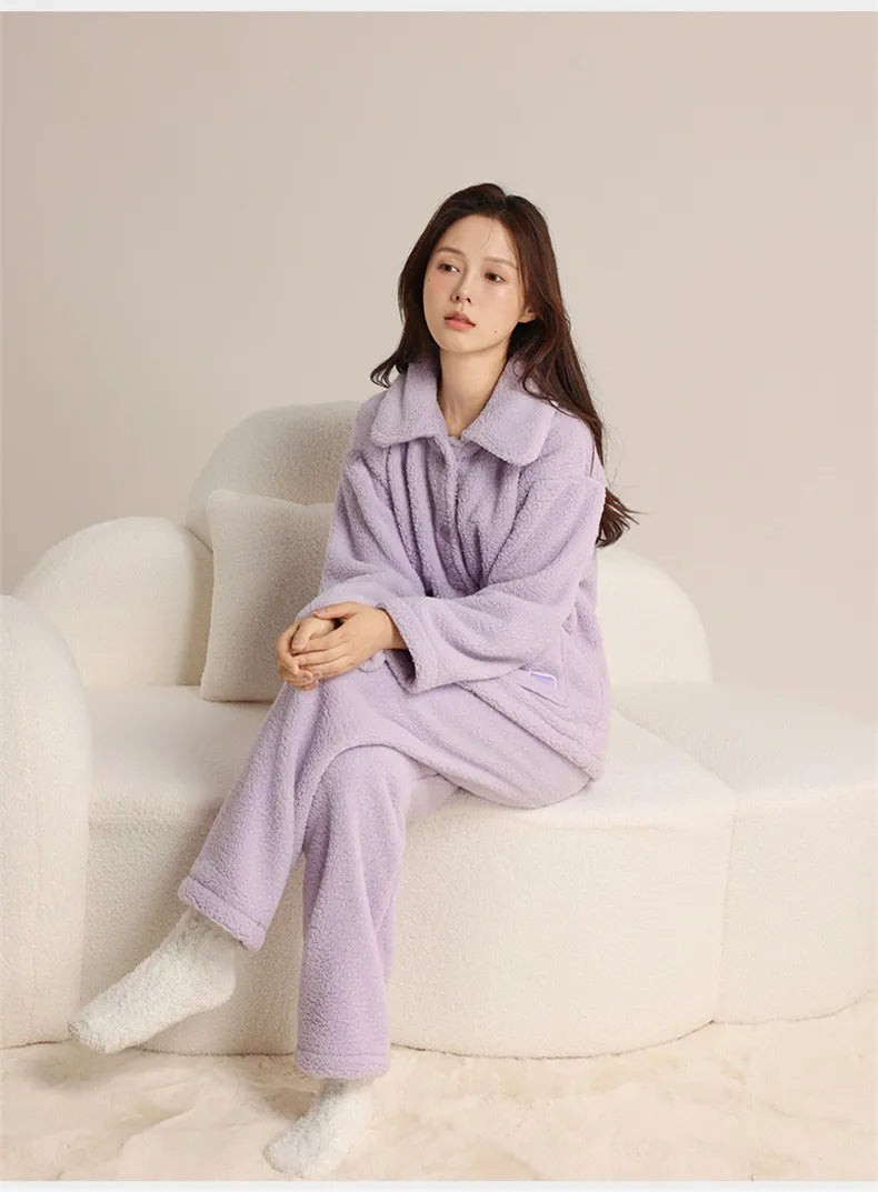 ឈុតគេងរដូវរងារោមចៀម Coral Fleece ក្រាស់សម្រាប់ស្ត្រី ឈុតគេងនៅផ្ទះធម្មតាសម្រាប់ពាក់នៅខាងក្រៅ ឈុតគេងរលុង ឈុតគេងសម្រាប់រដូវរងា