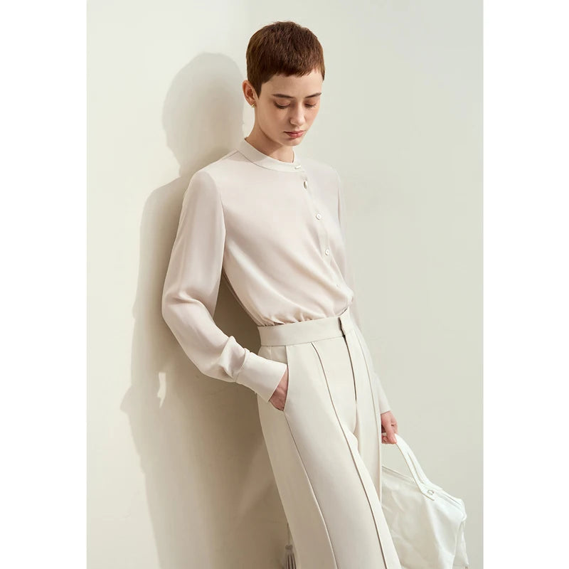 អាវ Amii Minimalism Chiffon សម្រាប់ស្ត្រីឆ្នាំ ២០២៥ រដូវស្លឹកឈើជ្រុះថ្មីកអាវឈរ Shell Buckle Basic អាវនិងអាវទ្រនាប់រលុងធម្មតា ១២៤២៣០៣៣