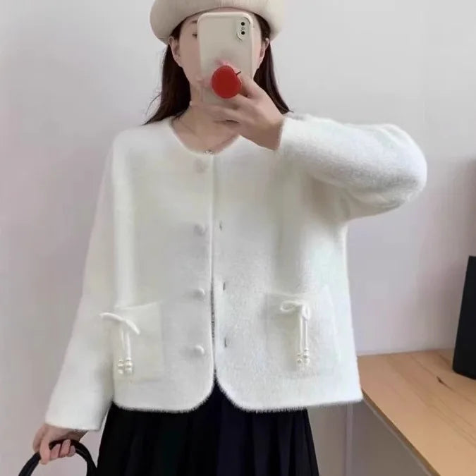 Sweet Bow Pocket Coat Women's Autumn and Winter New Imitation Mink Velvet Knitted Cardigan Jacket Short Sweater Top Cropped