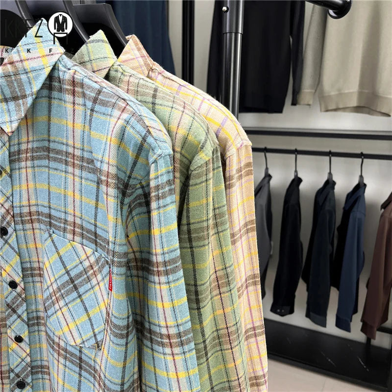 Street Fashion Plaid Shirt Loose Fit Chest Pocket Woven Label Autumn Casual Button Down Layered Overshirt