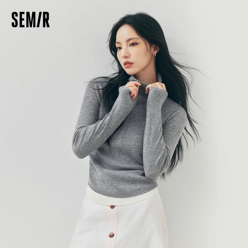 Semir Women Knit Sweater Wool Blend Layered Look Turn Down Collar Half Zip Pleated Detail Slim Fit 2026 New Winter Daily Wear