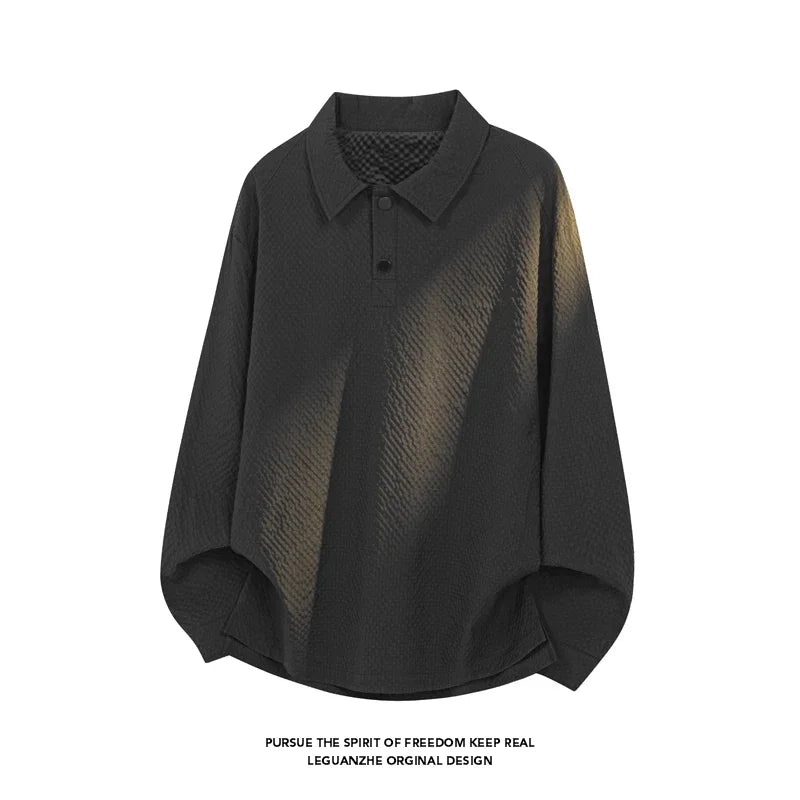 Male Trendy Textured Polo Shirt Lapel Collar Half Button Cropped Silhouette For Short Trip Social Gathering And Street Wear