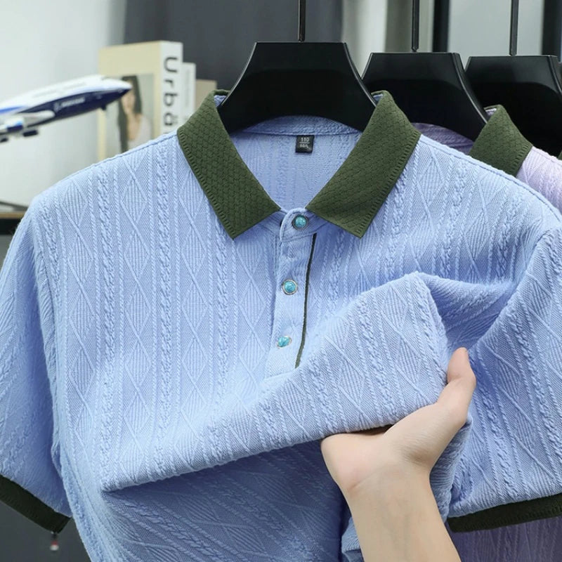 Men's Cable Knit Polo Shirt, Ultra-Soft Cotton Feel Fabric, Business Casual Short Sleeve Shirt with Ribbed Collar