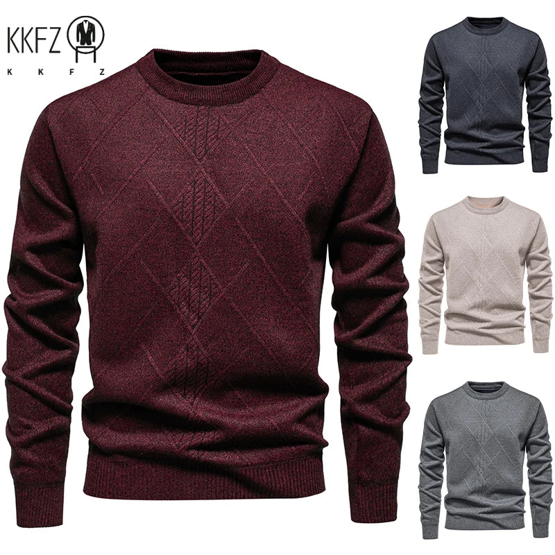 Semi Formal Male Winter Sweater Thick Fleece Lining Geometric Diamond Woven Pattern Crew Neck Long Sleeve Top