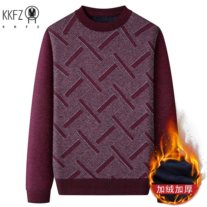 Street Style Male Knit Sweater Geometric Interlaced Stripe Pattern Comfortable Crew Neck Daily Outing Long Sleeve Top
