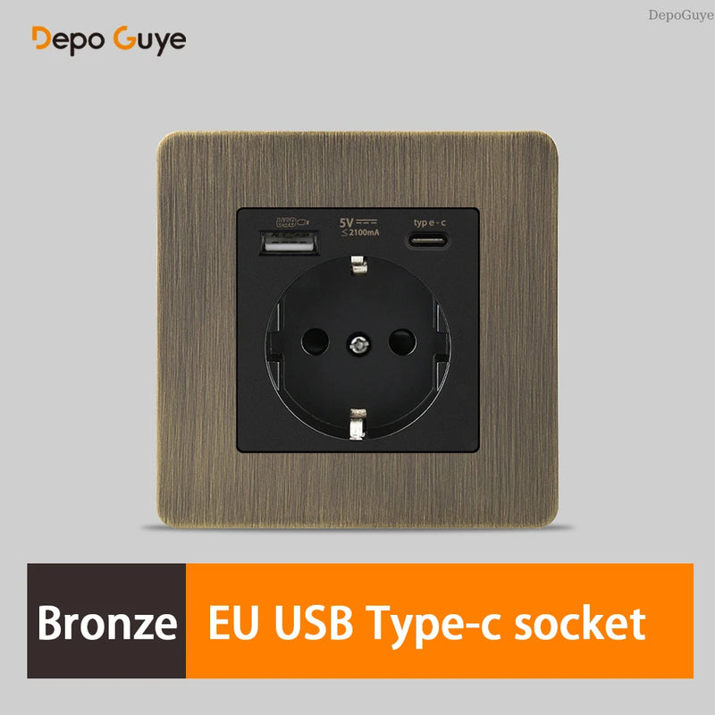 Retro EU French Standard Metal Double USB Wall Power Socket,Brushed Stainless Steel Antique Outlet with Type-c Usb Charing Port