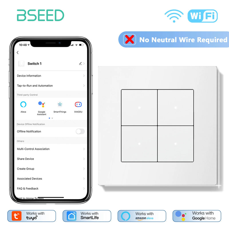 BSEED E Series WIFI Light Switch 1/2/3/4Gang Smart Click Button Switch Plastic Frame LED Indicator Tuya Smart Life No Neutral