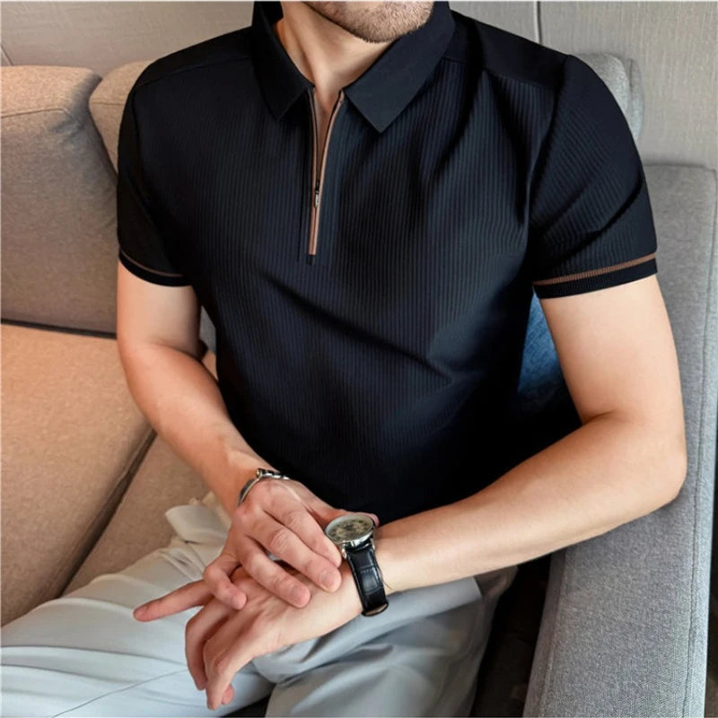 Men's Summer Polo Shirt - Striped, Zip Front, Cooling Fabric Breathable, Sweat-wicking, Casual Daily T-shirt