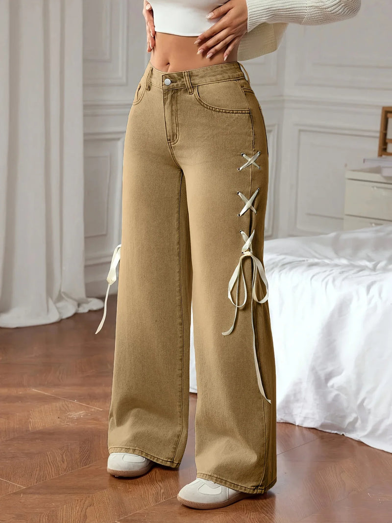 Light Blue Women's Jeans with X-shaped Drawstrings on Both Sides—stylish, Casual Wide-leg Pants.