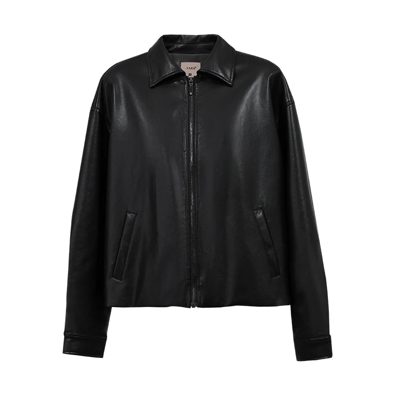 អាវធំ Amii Modern Retro Women Jacket Lapel Zip Drop Shoulder Faux Leather Jackets Oversize រដូវស្លឹកឈើជ្រុះឆ្នាំ 2026 អាវធំនារីទើបមកដល់ថ្មី 12623060