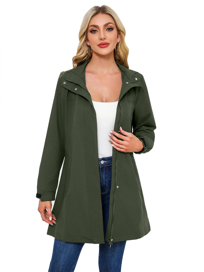 Women's Black Waterproof Hooded Jacket for Spring and Fall; The Hood Is Detachable; Available in Green, Red, Blue, Off-white.