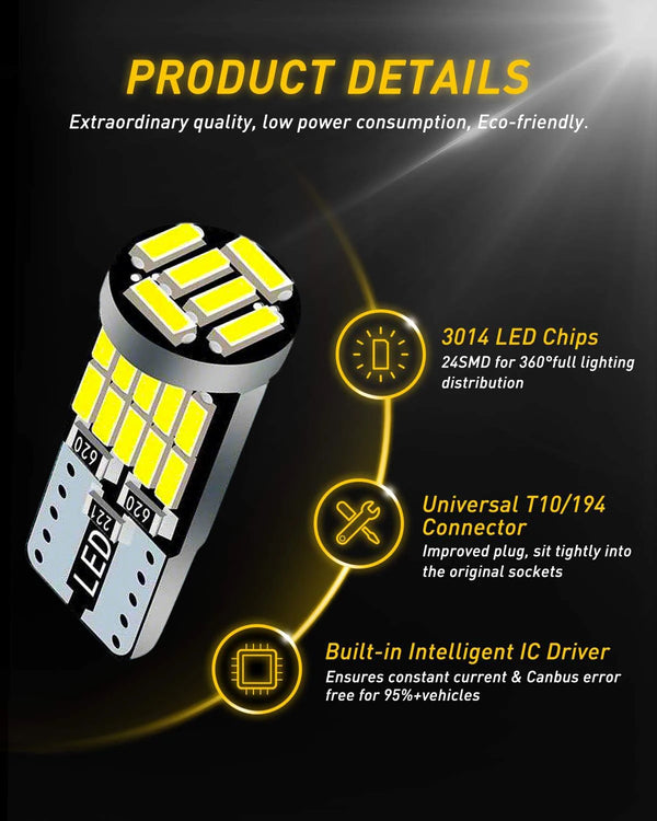 អំពូល LED T10 W5W ចំនួន 10-40 អំពូល CANBUS គ្មានកំហុស 12V 4014-26SMD 400LM 6500K ពណ៌សភ្លឺខ្លាំង ភ្លើងខាងក្នុងរថយន្ត ផែនទីទ្វាររថយន្ត
