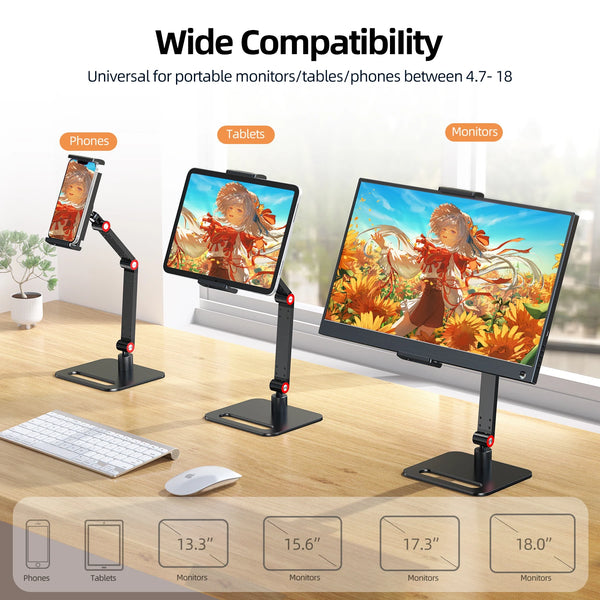 ឈុតស្ព្រីងដែក UPERFECT Ustand D9 អាចបត់បែនបានសម្រាប់តង្កៀបម៉ូនីទ័រចល័តទំហំ 13.3-17.3 អ៊ីញ ដែលអាចលៃតម្រូវបាន 360° អេក្រង់បញ្ឈរខាងក្រៅ