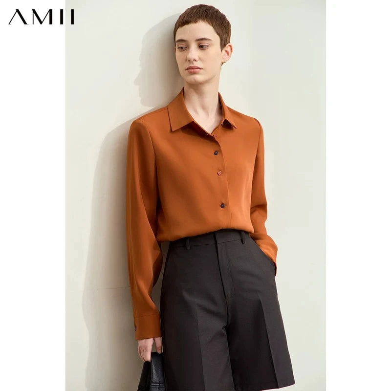 អាវ Amii Minimalism សម្រាប់ស្ត្រី 2026 រដូវស្លឹកឈើជ្រុះថ្មីសាមញ្ញ Lapel ពណ៌ផ្ទុយប៊ូតុង Basic ត្រង់ Chiffon អាវ Blouse 12423108