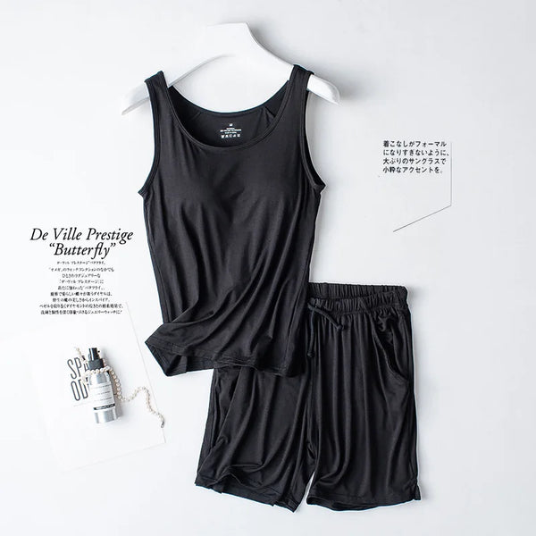 ឈុតអាវទ្រនាប់ Modal Cup Bra Pad Strap Tank Top Set Two Pieces Pajamas Women Comfort Sleepwear Short Suit Summer Lounge Wear Pijama Mujer