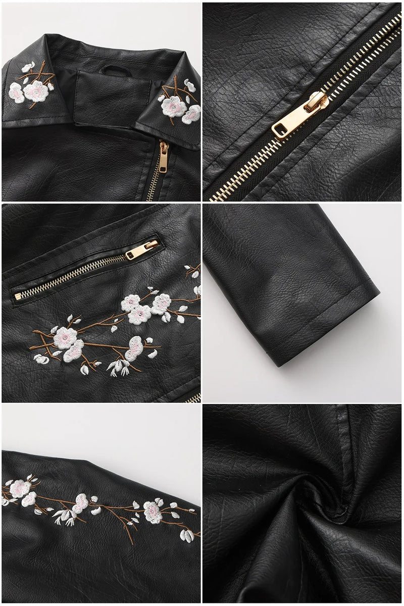 2026 New Women's Black Embroidered PU Jacket, Street-Style Brown Faux Leather Coat, Fashionable Beige Long Sleeves Top.