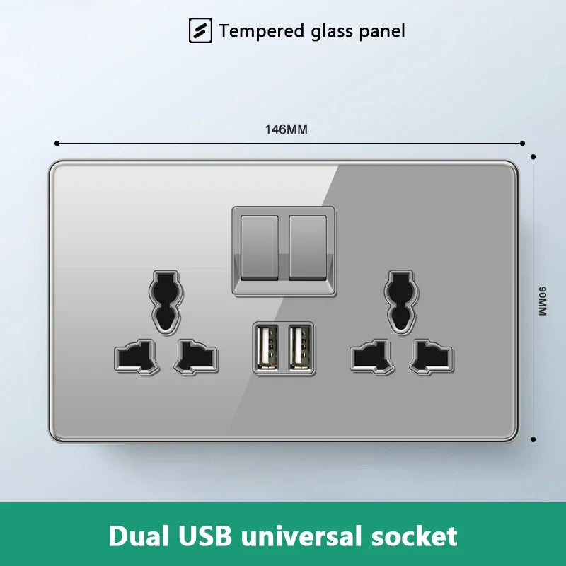 UK 13A Wall Socket with Type-C 18W Fast Charging Plug Socket,Glass Panel Power Double Universal Outlet with Quick USB C charge