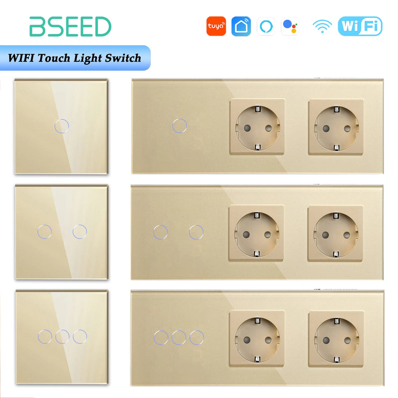 BSEED EU Standard Smart WiFi Light Switch 1/2/3 Gang 1/2/3 Way Touch Wall Switch & Socket Outlet Works with Google Home Alexa