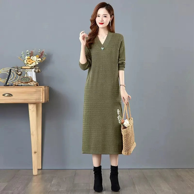 Vintage V Neck Long-Sleeve Pullover Dress New Knitting Woolen Sweater Women Long Jumper Middle Aged Mother Knitwear Clothes