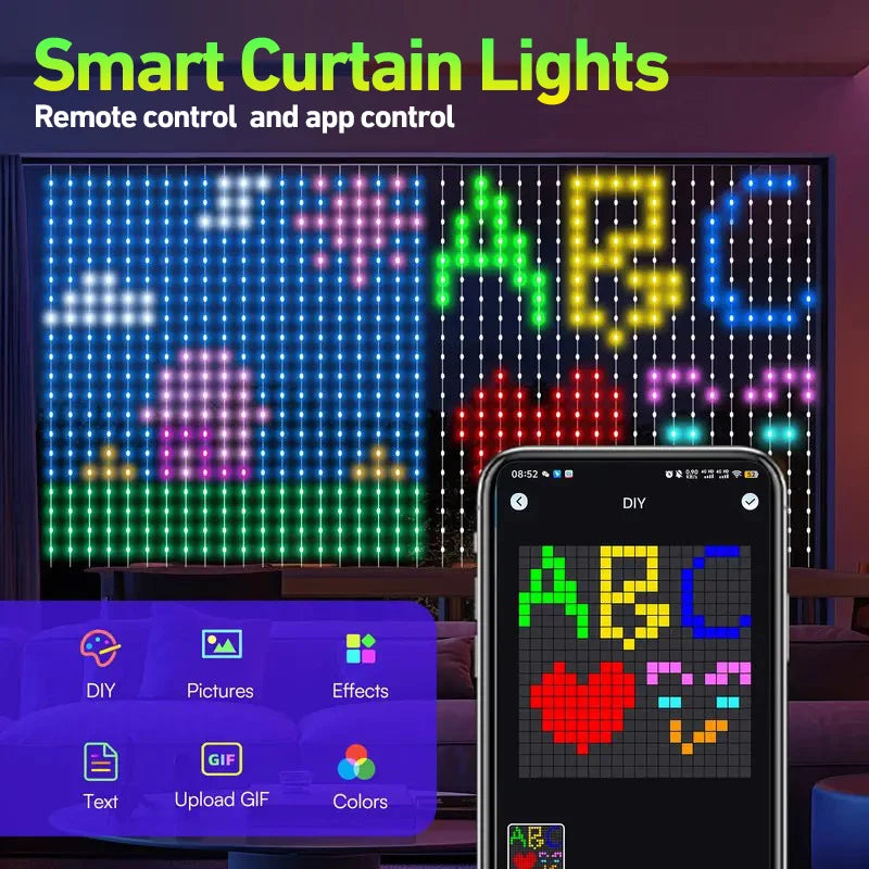 Smart Curtain Lights 400LEDs RGB Fairy Lights Bluetooth App LED String Remote Control DIY Music Sync Window Bedroom Party Decor