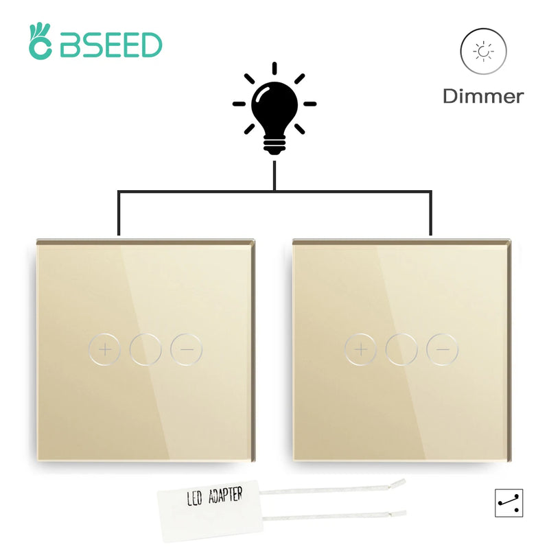 BSEED 2Packs Touch Dimmer Switch 1Gang 2Way LED Dimmable Wall Light Switches Glass Panel Blue Backlight Switch for Stairs