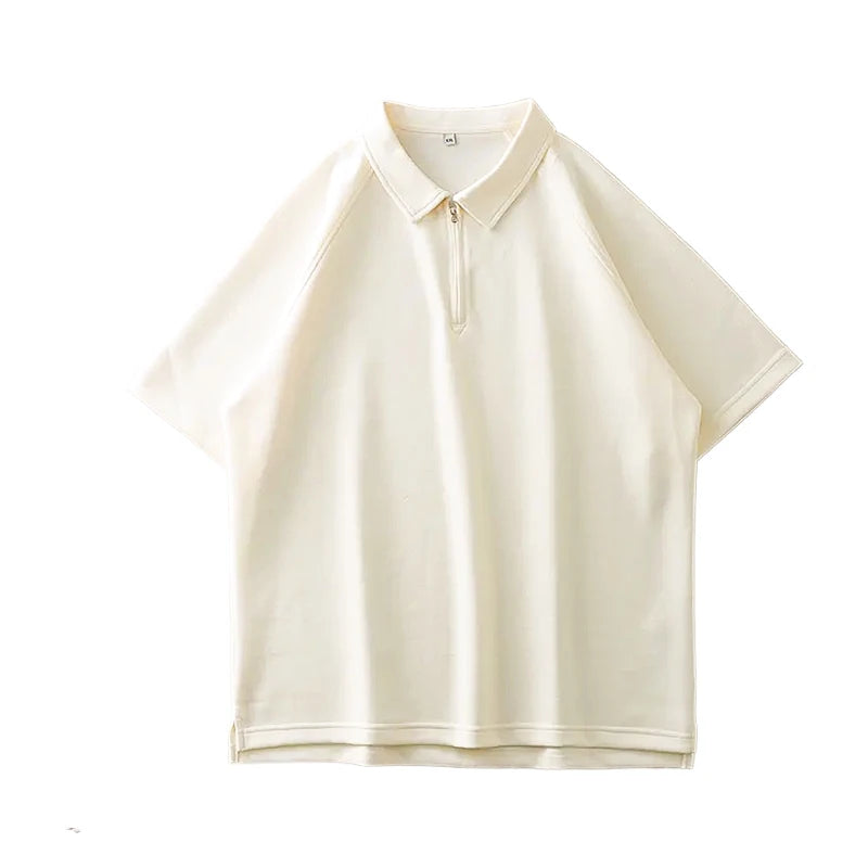 DUKEEN Men's Pique Fabric Zipper Polo Shirts Summer Solid Color Turndown Collar T Shirts White Short Sleeve Tees Golf Wear 2024