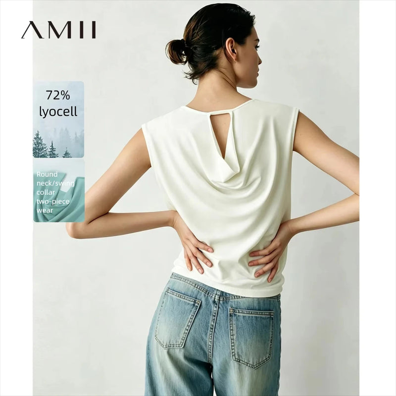 Amii Women's Knit Top 2026 Summer New Round Neck Sleeveless Sweater Draped Cutout Loose Fit Casual Pullover For Women 12622205