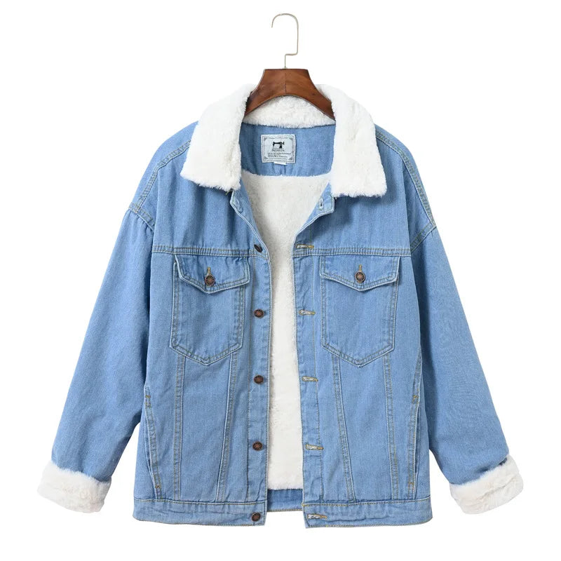 2026 Winter Deep Blue Women's Fleece-Lined Thickened Denim Jacket, Shearling-Lined Warm Casual Jacket. European Sizes S-XXXL