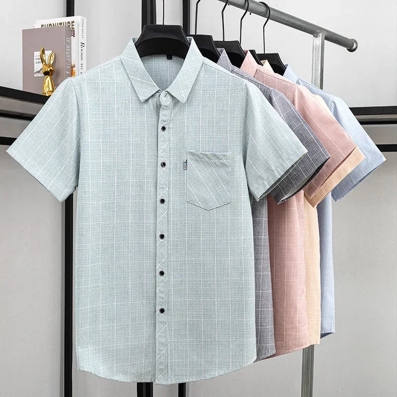 Mens Regular Fit Plaid Pattern Short Sleeve Shirt Turn Down Collar Tops For Men Daily Office And Work