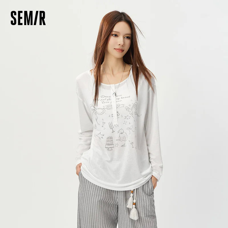 Semir Women Tshirt Print Oversized Mid Long Sleeve Top 2026 Summer Loose Casual