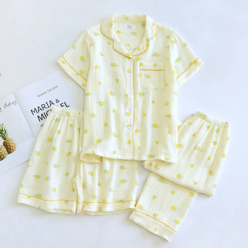 Women's Summer 3PCS Pajama Sets Lapel Short Sleeve Sleepwear Homewear Loungewear Cardigan Home Suit Pijama Night Wear Female