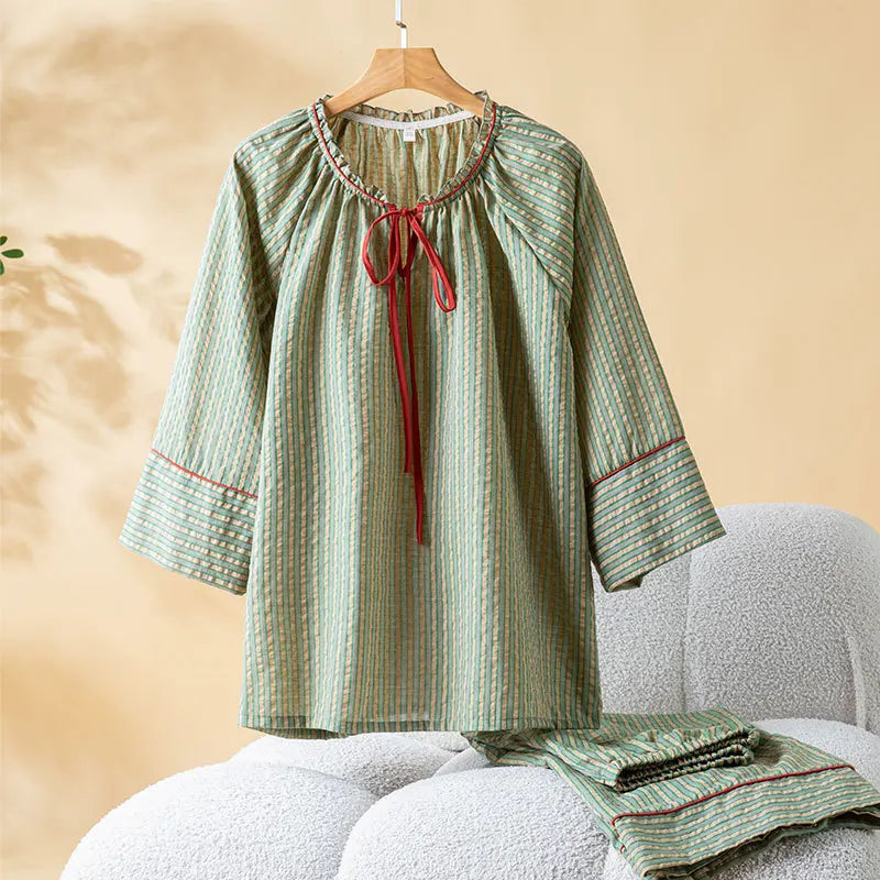 100% Cotton Pajamas for Women Nightwear Striped Princess Sleepwear New Spring Summer Two-pieces Pijama Female Pajamas Home Wear